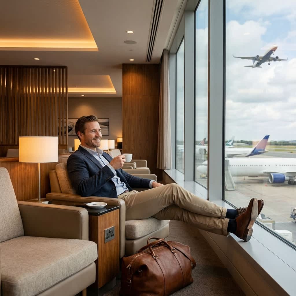 Relaxing traveler in airport lounge